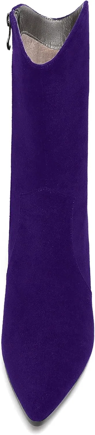 WAYDERNS Women's Suede Pointed Toe Zip Chunky Low Heel Mid Calf Boots 2 Inch