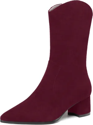 WAYDERNS Women's Suede Pointed Toe Zip Chunky Low Heel Mid Calf Boots 2 Inch