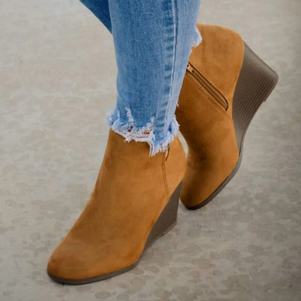 Wedge Booties for Women Dressy,Comfy Closed Toe Ankle Boots with Zipper Vintage V Cutout Fall Boots Stacked Wedge Heel Shoes