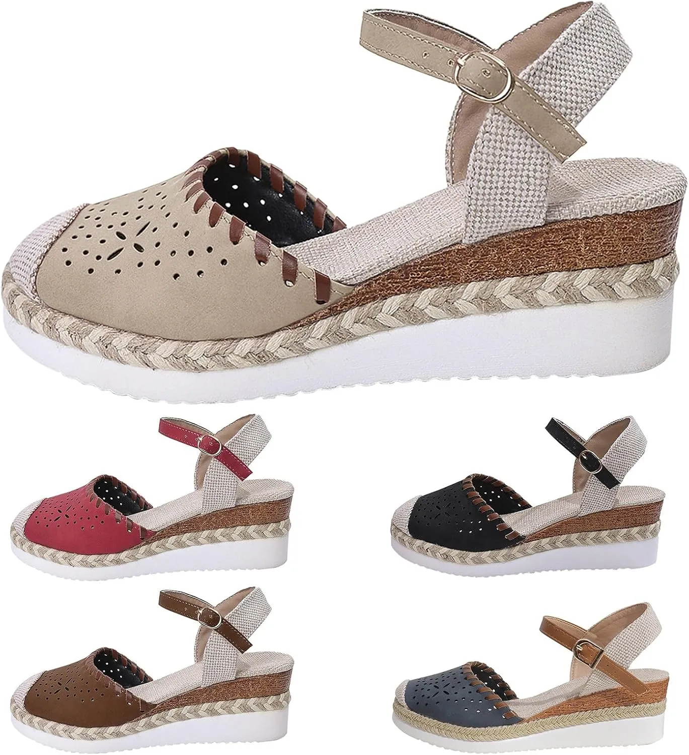 Wedge Heel Sandals for Women Closed Toe Ankle Strap Color Blocked Summer Dress Espadrilles Shoes for Party Holiday