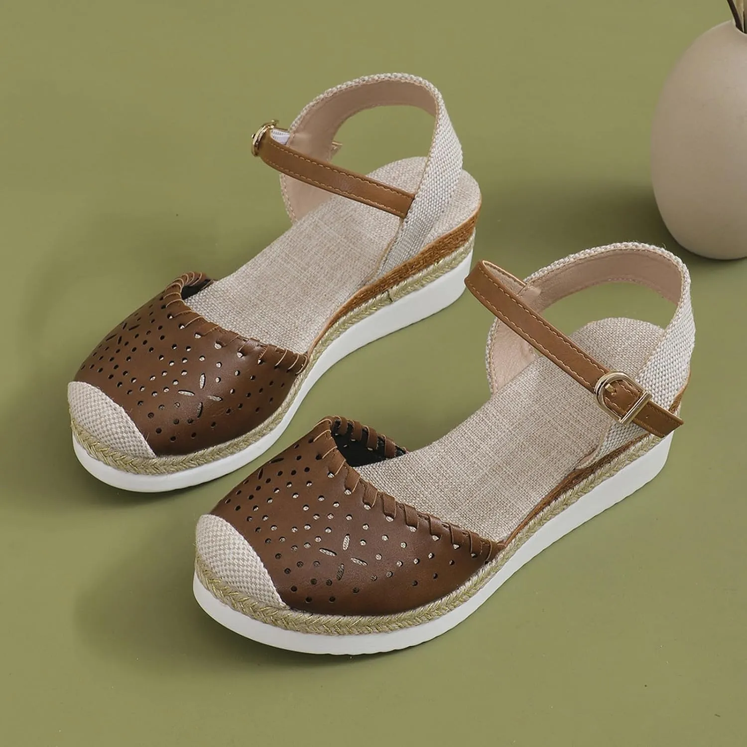 Wedge Heel Sandals for Women Closed Toe Ankle Strap Color Blocked Summer Dress Espadrilles Shoes for Party Holiday