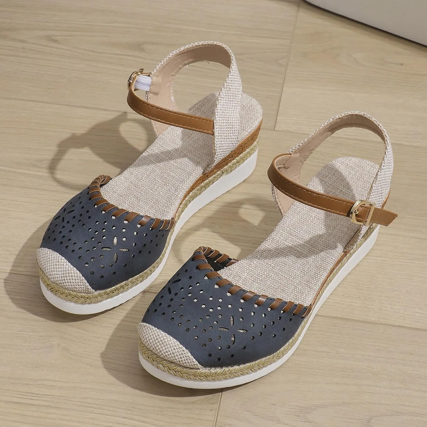 Wedge Heel Sandals for Women Closed Toe Ankle Strap Color Blocked Summer Dress Espadrilles Shoes for Party Holiday