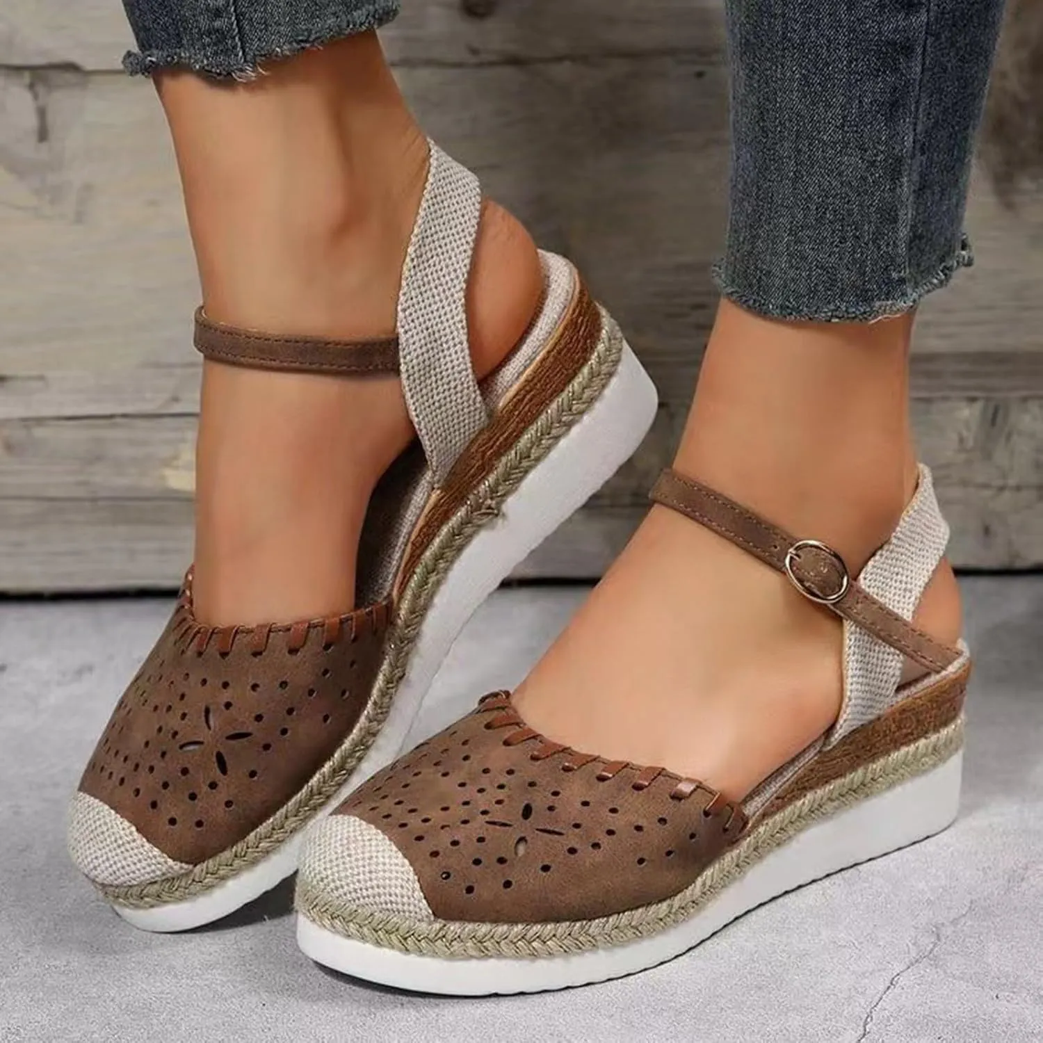 Wedge Heel Sandals for Women Closed Toe Ankle Strap Color Blocked Summer Dress Espadrilles Shoes for Party Holiday