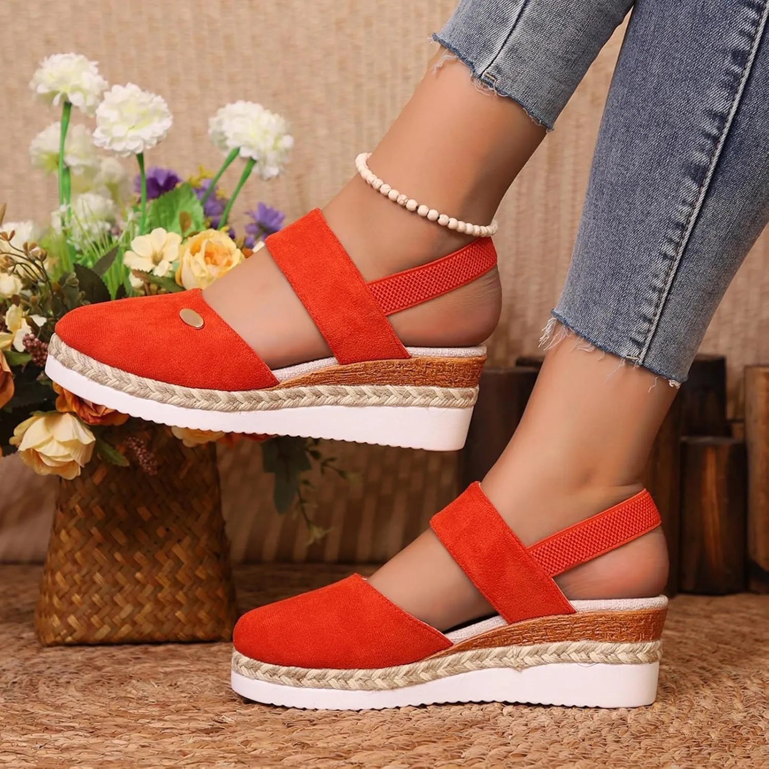 Wedge Heel Sandals for Women Closed Toe Ankle Strap Solid Color Summer Dressy Shoes Casual Comfort Espadrilles