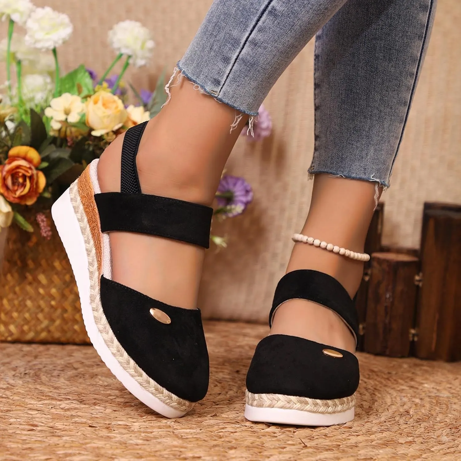 Wedge Heel Sandals for Women Closed Toe Ankle Strap Solid Color Summer Dressy Shoes Casual Comfort Espadrilles