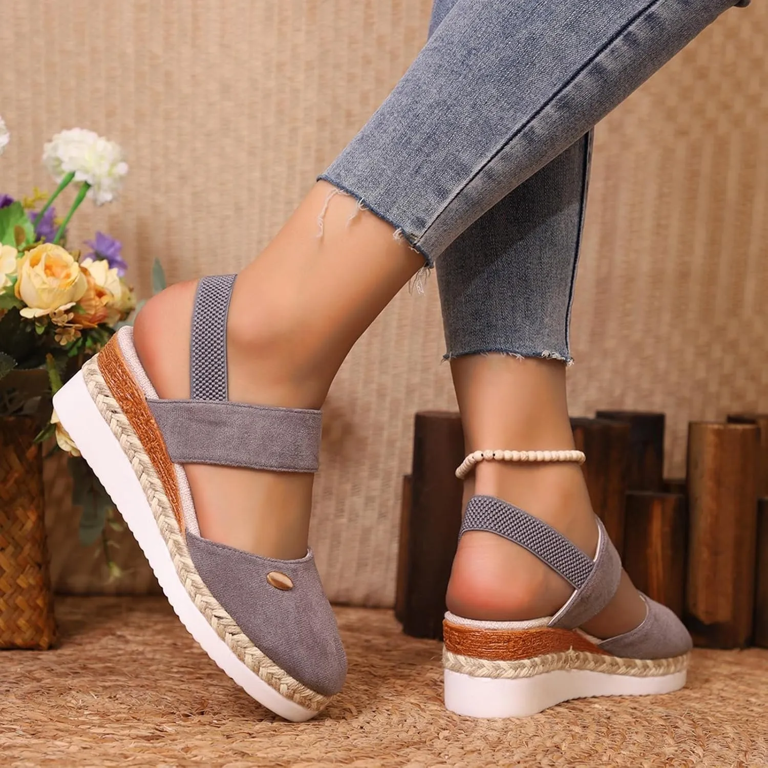 Wedge Heel Sandals for Women Closed Toe Ankle Strap Solid Color Summer Dressy Shoes Casual Comfort Espadrilles