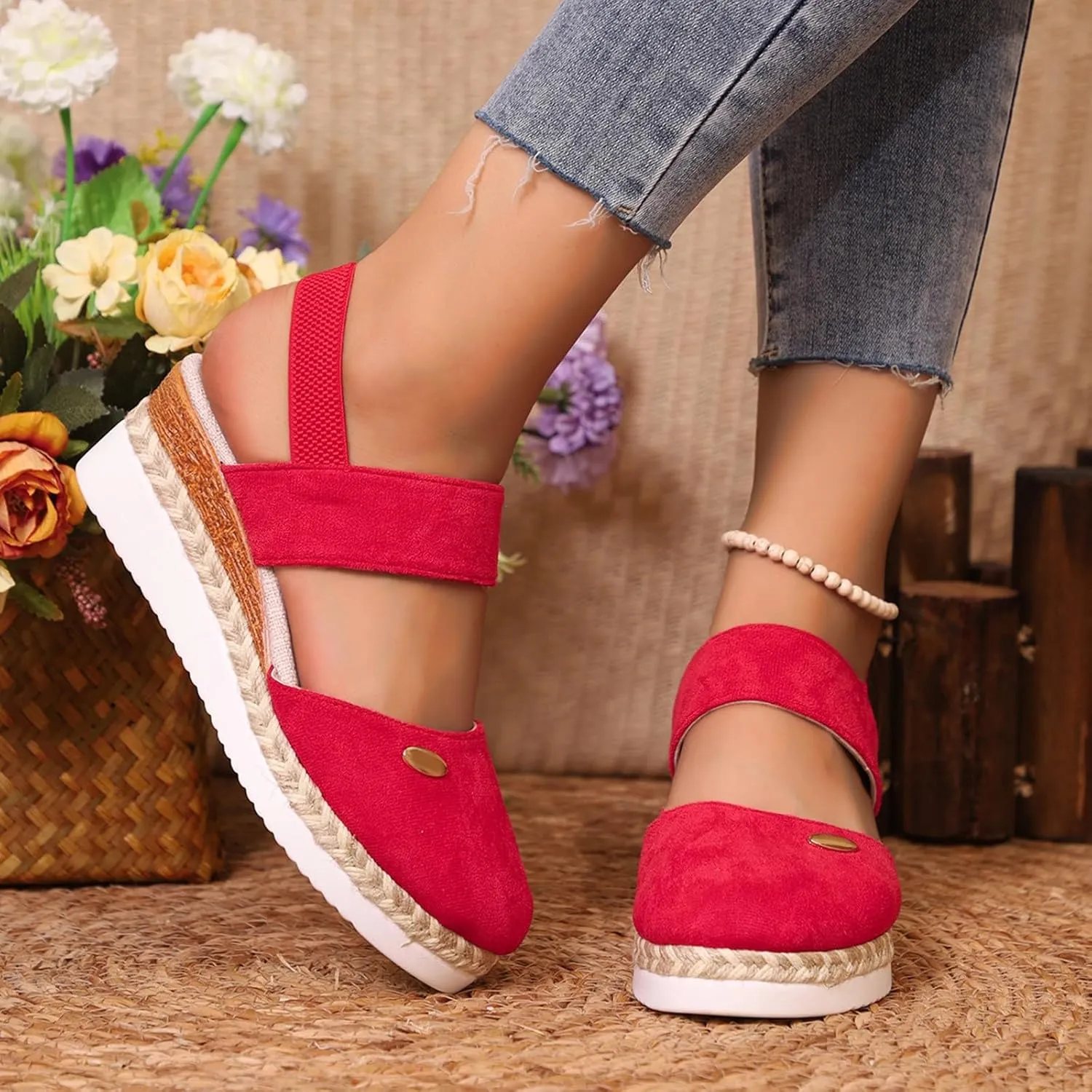 Wedge Heel Sandals for Women Closed Toe Ankle Strap Solid Color Summer Dressy Shoes Casual Comfort Espadrilles