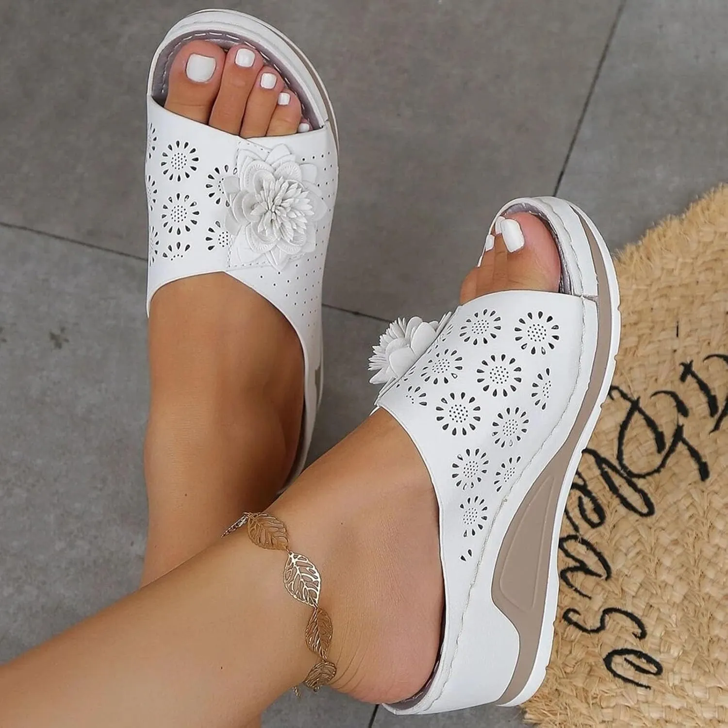 Wedge Sandals for Women Summer Leather Soft Insole Orthopedic Arch Support Sandals Casual Slip on Summer Shoes Dressy Walking Beach Slippers