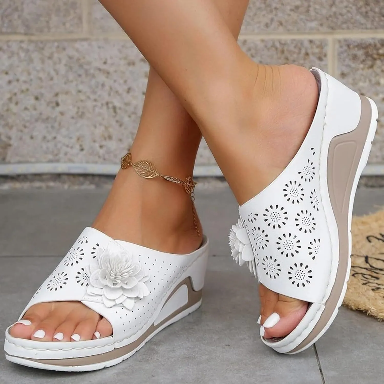 Wedge Sandals for Women Summer Leather Soft Insole Orthopedic Arch Support Sandals Casual Slip on Summer Shoes Dressy Walking Beach Slippers
