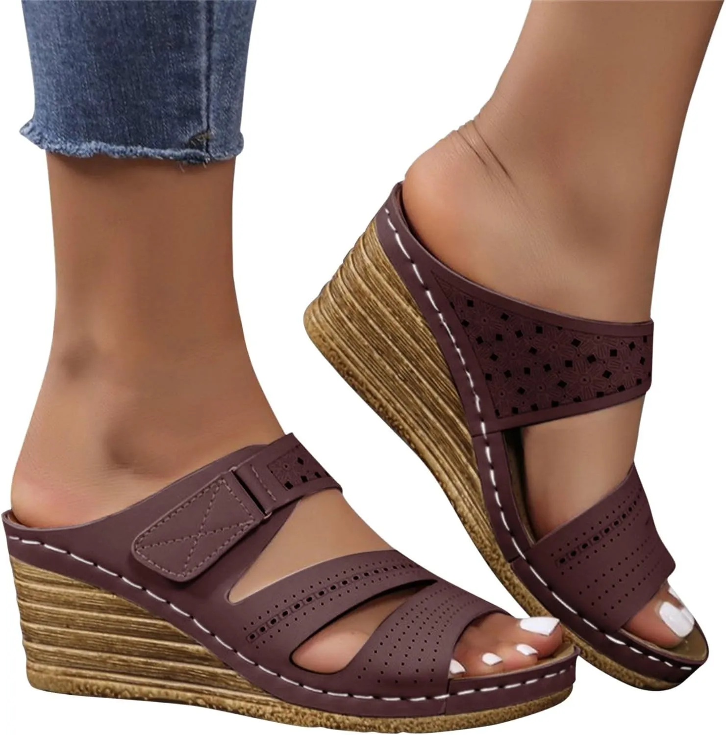 Wide Width Platform Sandals for Women Adjustable Buckle Strap Slip On Casual Wedges Shoes Summer Comfort Slippers