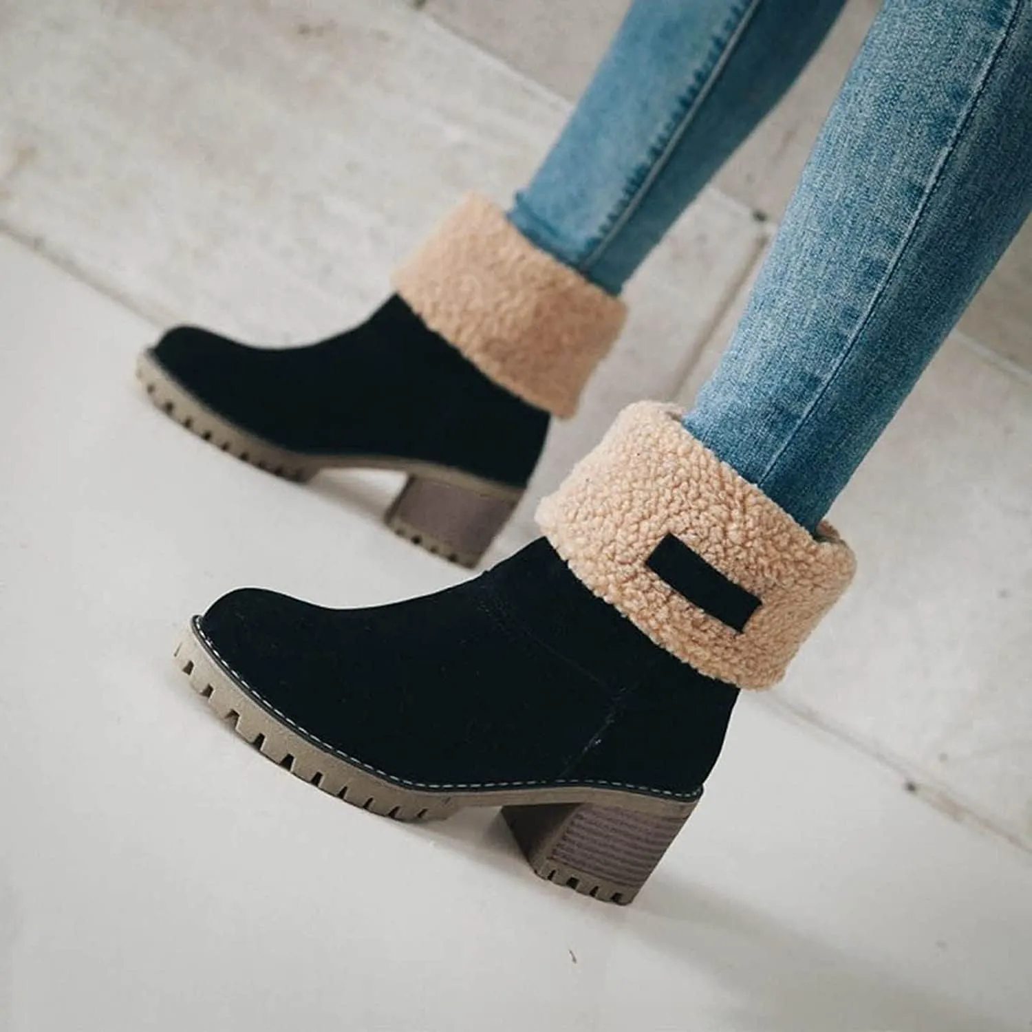 Winter Boots for Women, Comfortable Slip On Mid Chunky Heel Suede Warm Snow Ankle Boots Ladies Casual Casual Fashion Booties