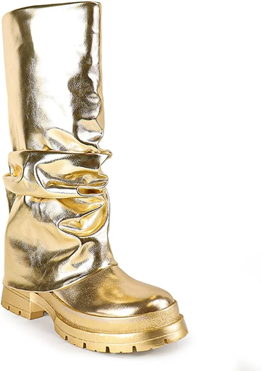 Women Fold Over Mid-calf Pull On Metallic Booties Boots