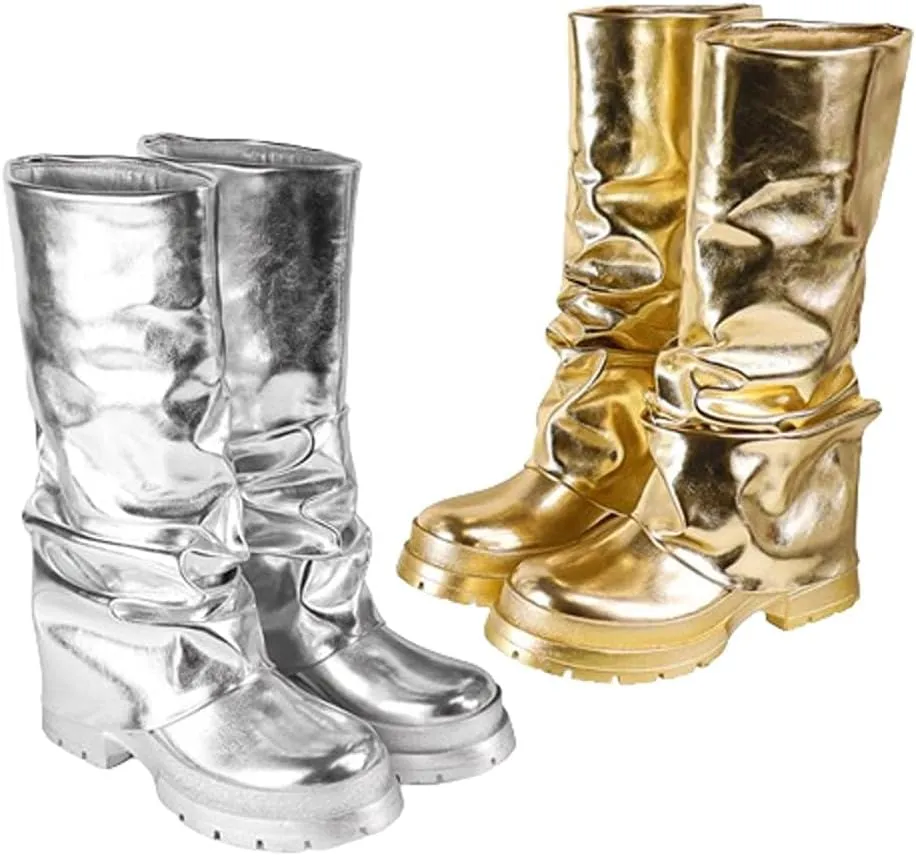 Women Fold Over Mid-calf Pull On Metallic Booties Boots