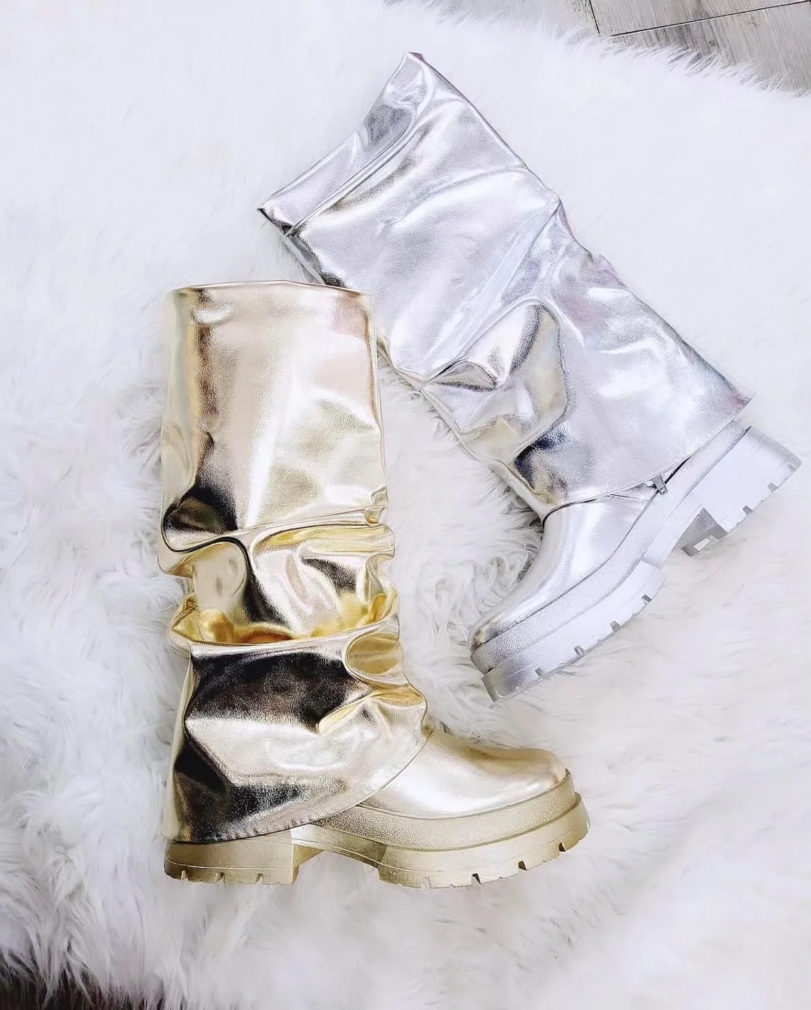 Women Fold Over Mid-calf Pull On Metallic Booties Boots
