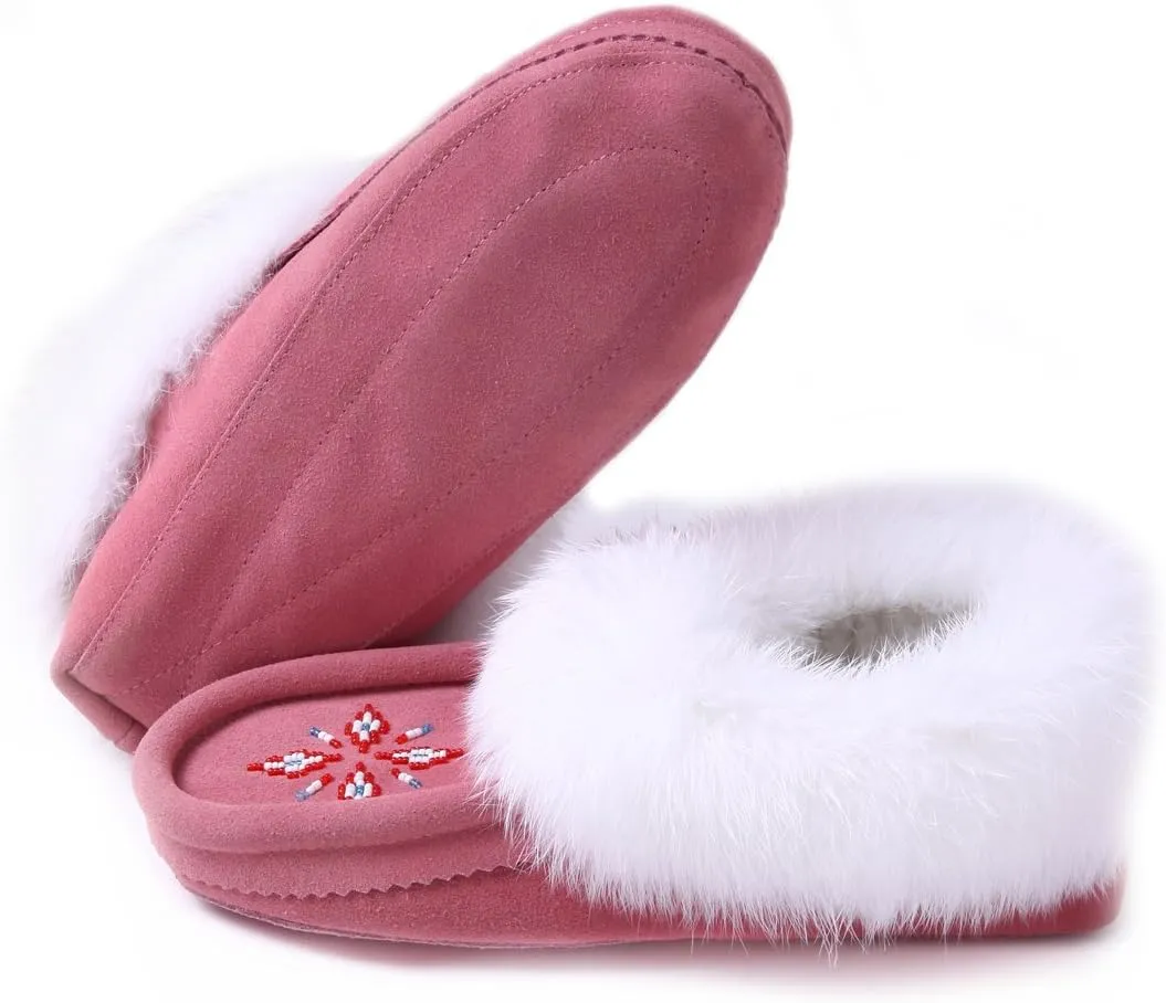Women Moccasins Indoor Slippers of Soft Sole Fleece Lined Rabbit Fur Trim