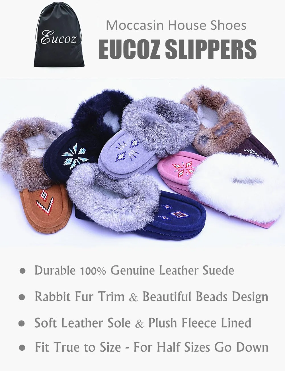 Women Moccasins Indoor Slippers of Soft Sole Fleece Lined Rabbit Fur Trim