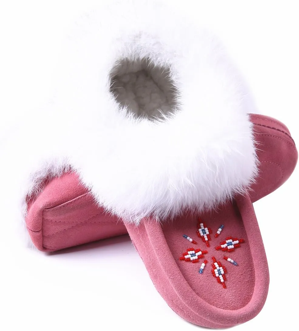 Women Moccasins Indoor Slippers of Soft Sole Fleece Lined Rabbit Fur Trim