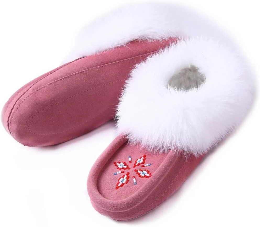 Women Moccasins Indoor Slippers of Soft Sole Fleece Lined Rabbit Fur Trim