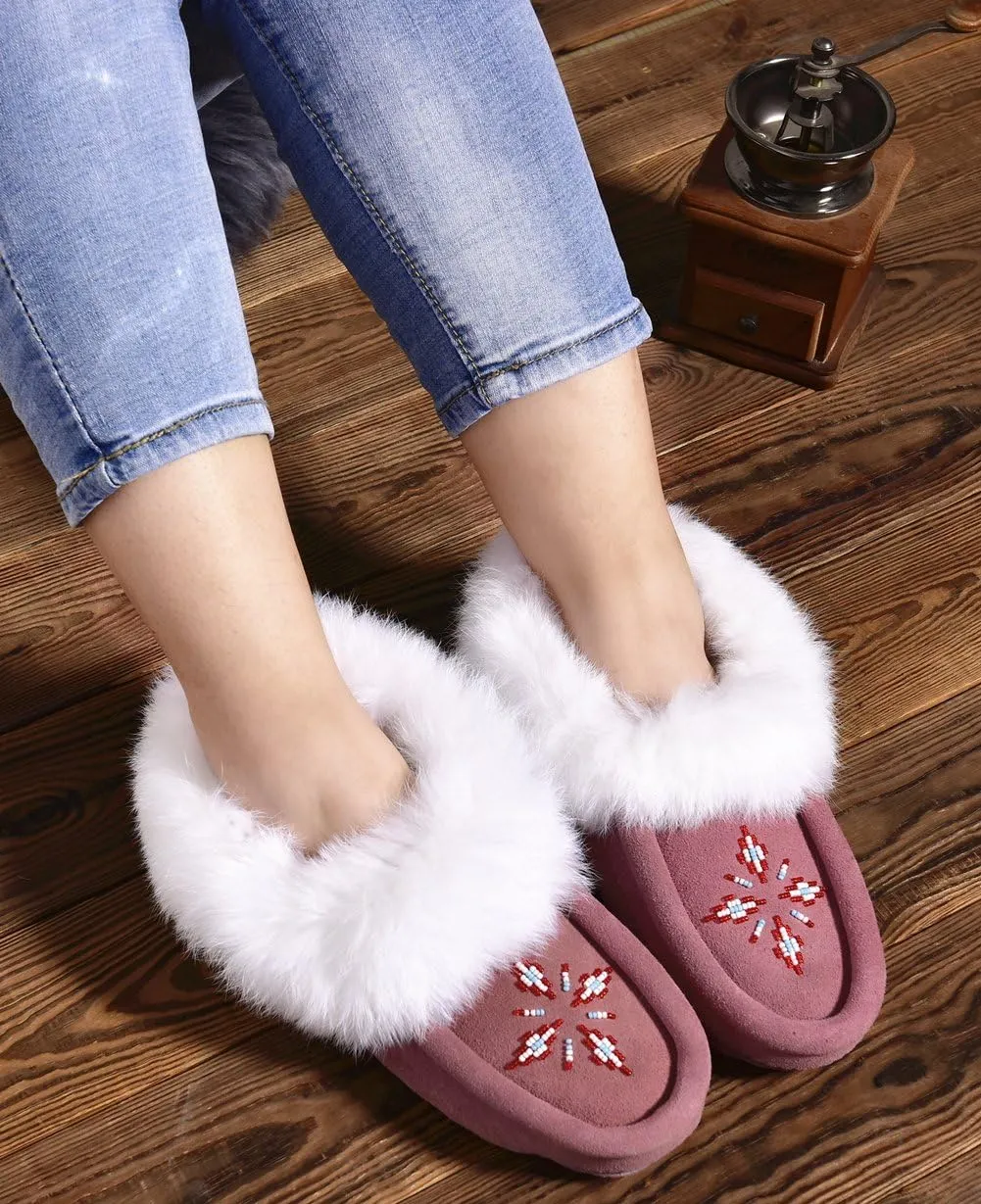 Women Moccasins Indoor Slippers of Soft Sole Fleece Lined Rabbit Fur Trim