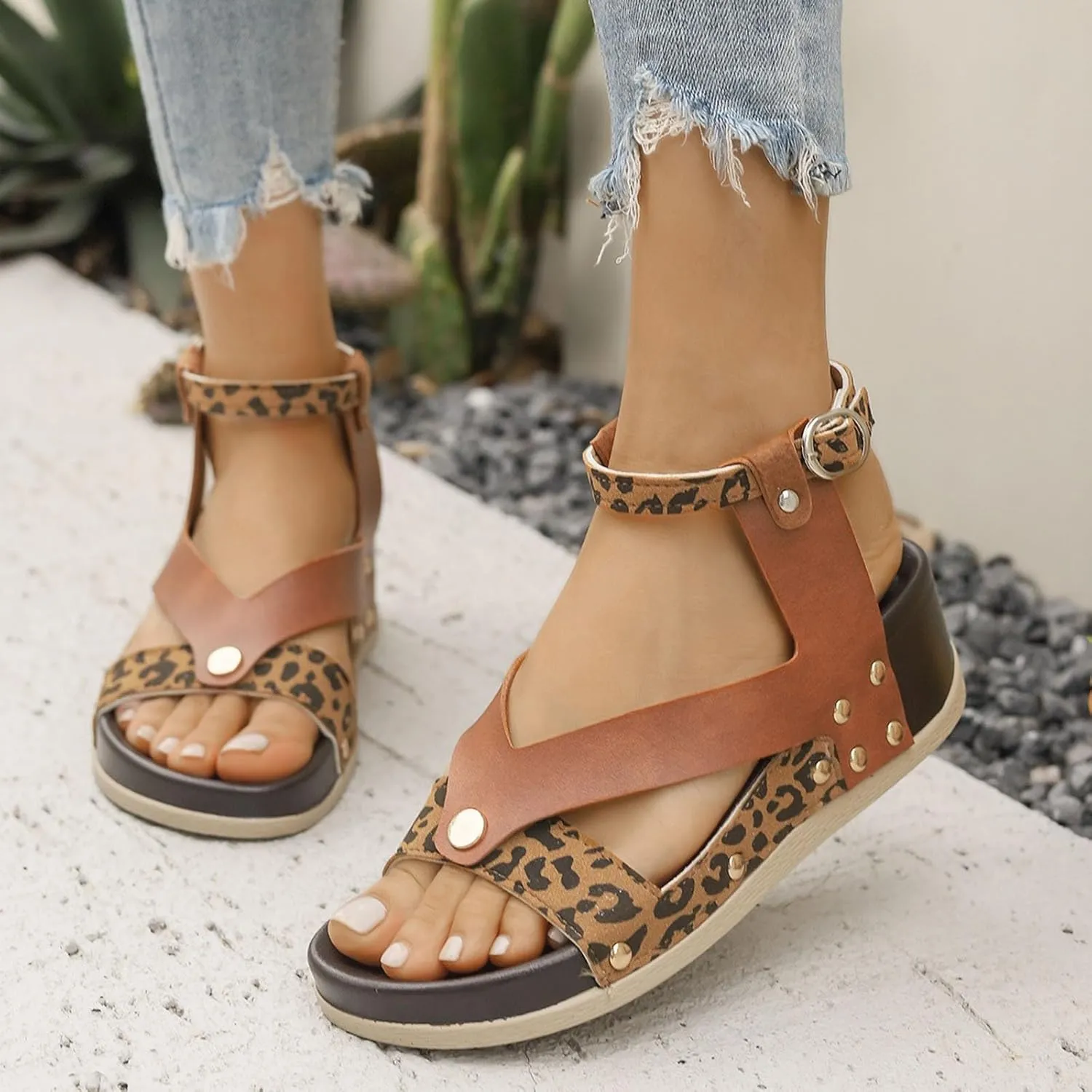 Women Sandals Comfortable Dressy Vintage PU Leather Ankle Buckle Strap Low Heel Wedges Shoes Trendy Espadrille Wedge