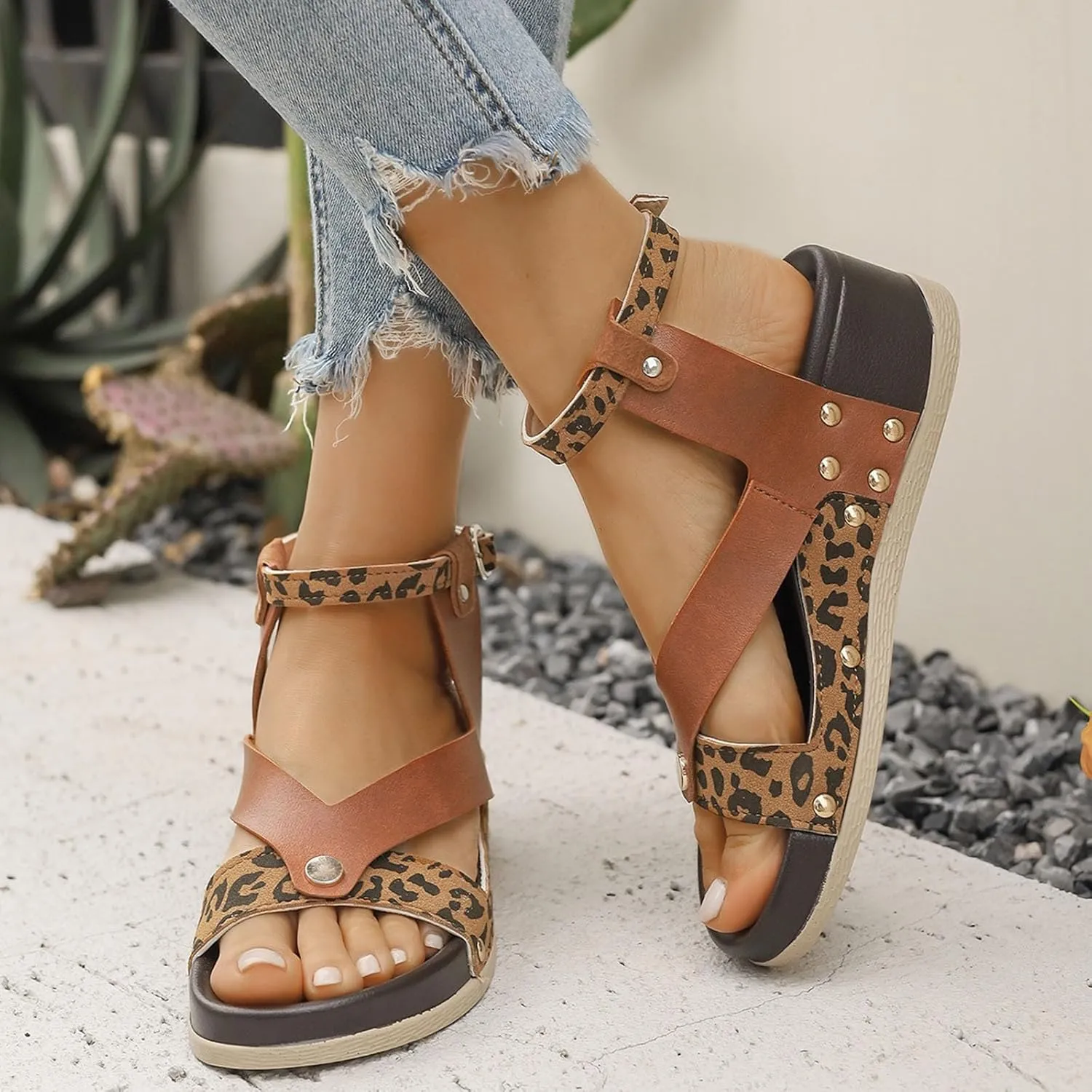 Women Sandals Comfortable Dressy Vintage PU Leather Ankle Buckle Strap Low Heel Wedges Shoes Trendy Espadrille Wedge