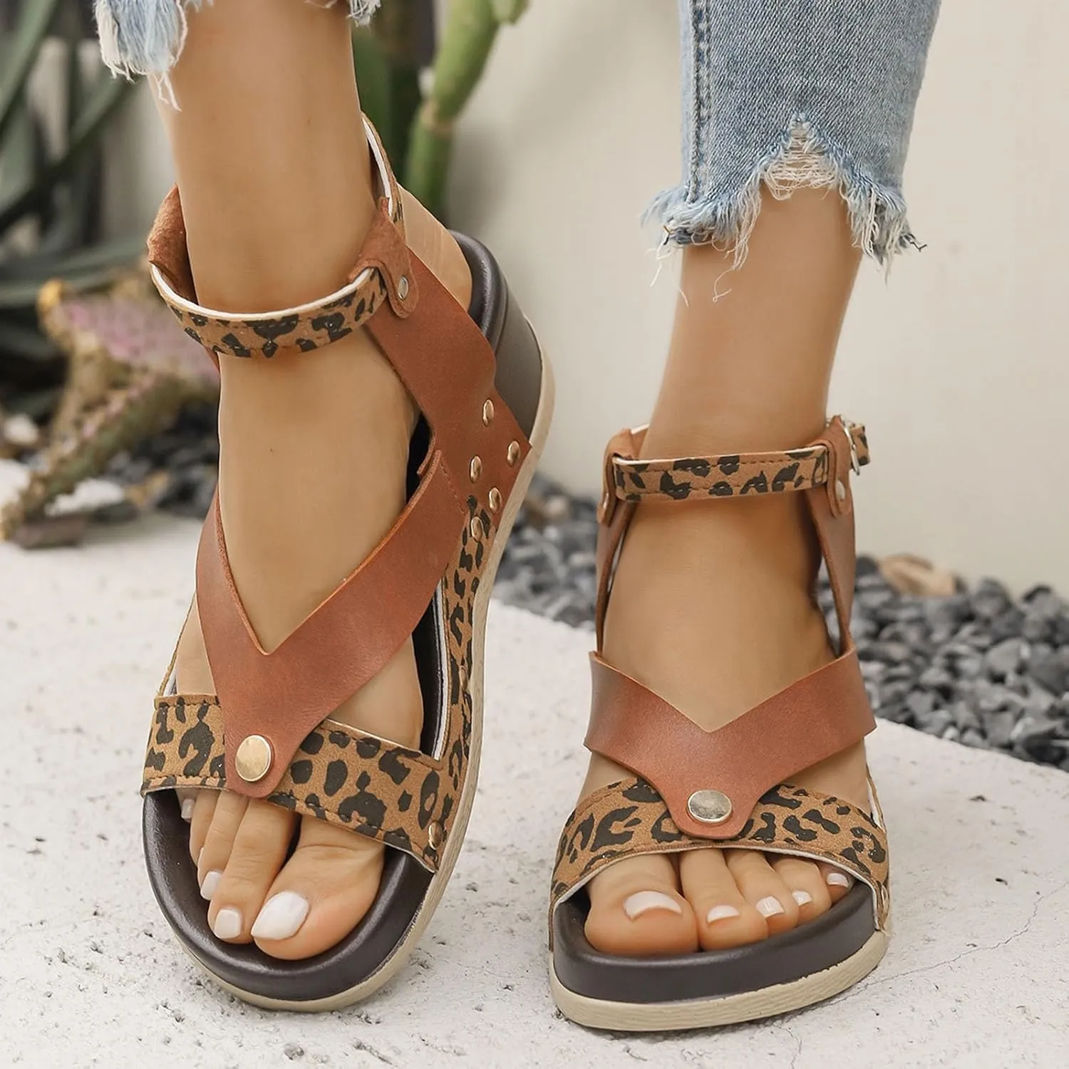 Women Sandals Comfortable Dressy Vintage PU Leather Ankle Buckle Strap Low Heel Wedges Shoes Trendy Espadrille Wedge