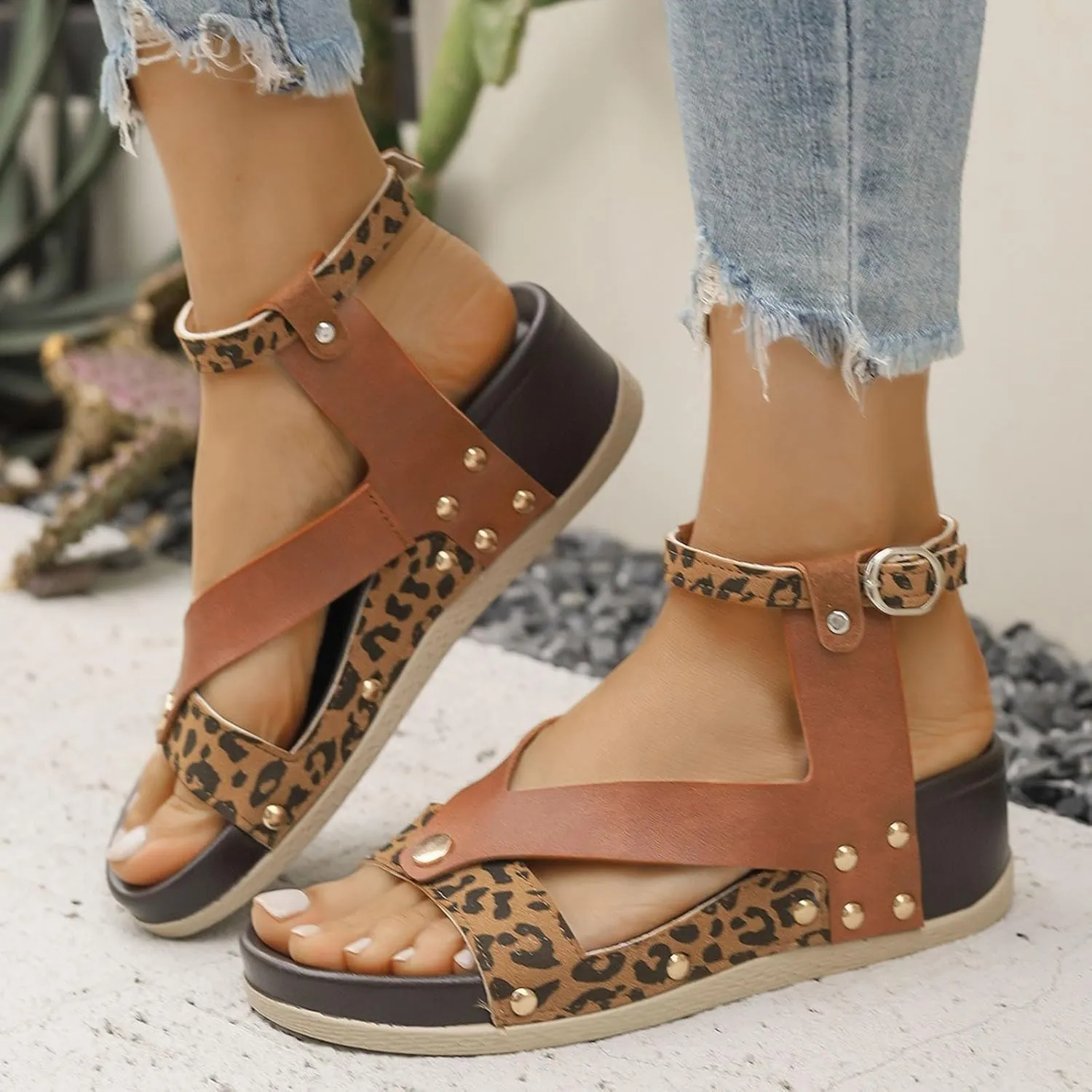 Women Sandals Comfortable Dressy Vintage PU Leather Ankle Buckle Strap Low Heel Wedges Shoes Trendy Espadrille Wedge
