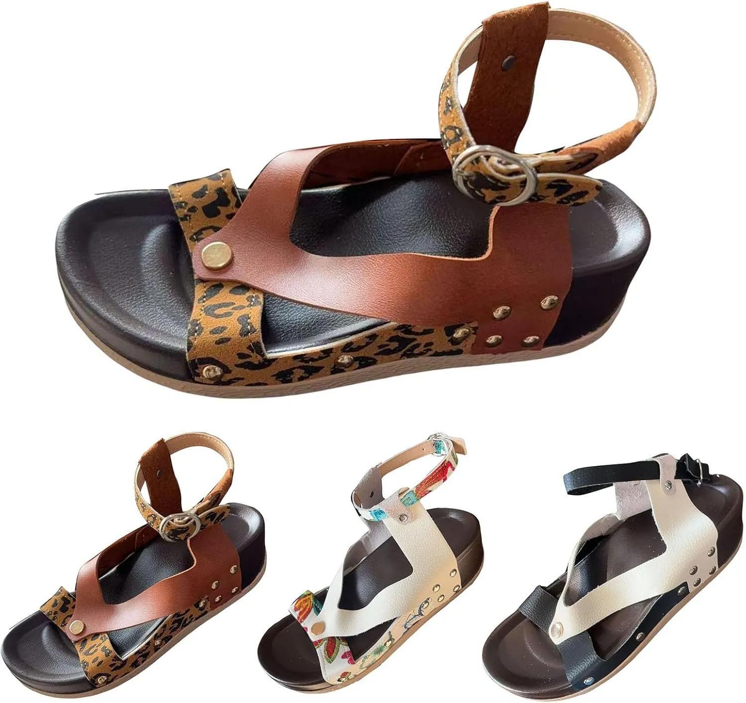 Women Sandals Comfortable Dressy Vintage PU Leather Ankle Buckle Strap Low Heel Wedges Shoes Trendy Espadrille Wedge