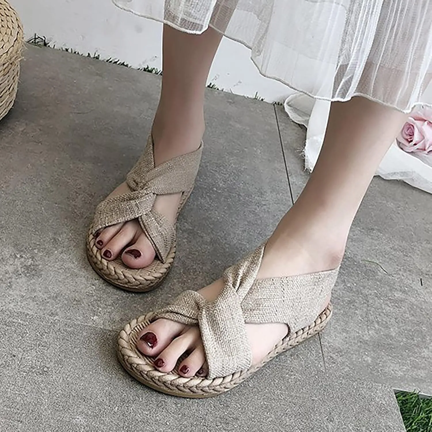 Women Summer Solid Canvas Slip On Casual Open Toe Flat Soft Bottom Breathable Shoes Sandals Women Sandals