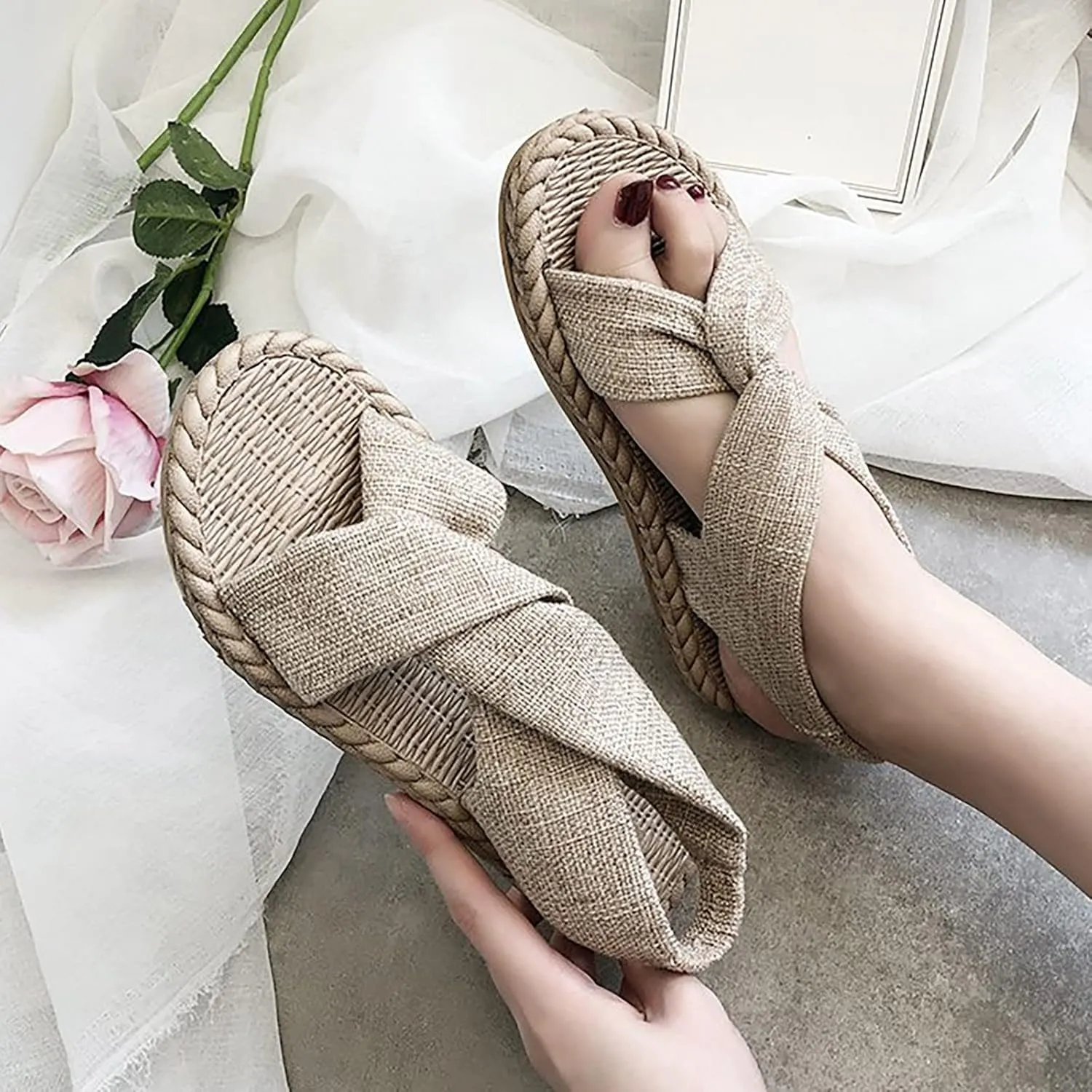 Women Summer Solid Canvas Slip On Casual Open Toe Flat Soft Bottom Breathable Shoes Sandals Women Sandals