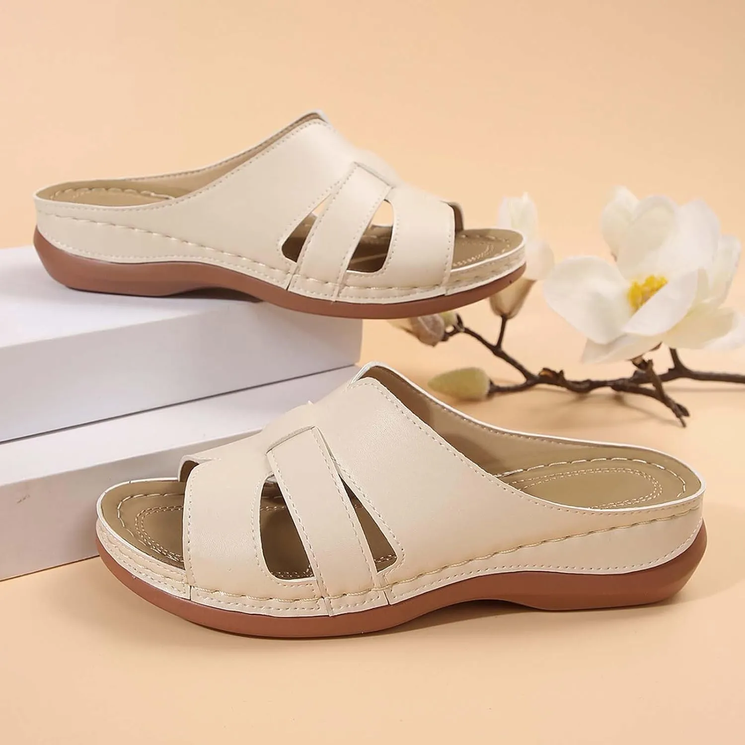 Women Summer Solid Slip On Casual Open Toe Wedges Comfortable Beach Shoes Sandals Flat Feet Arch Support Women Sandals