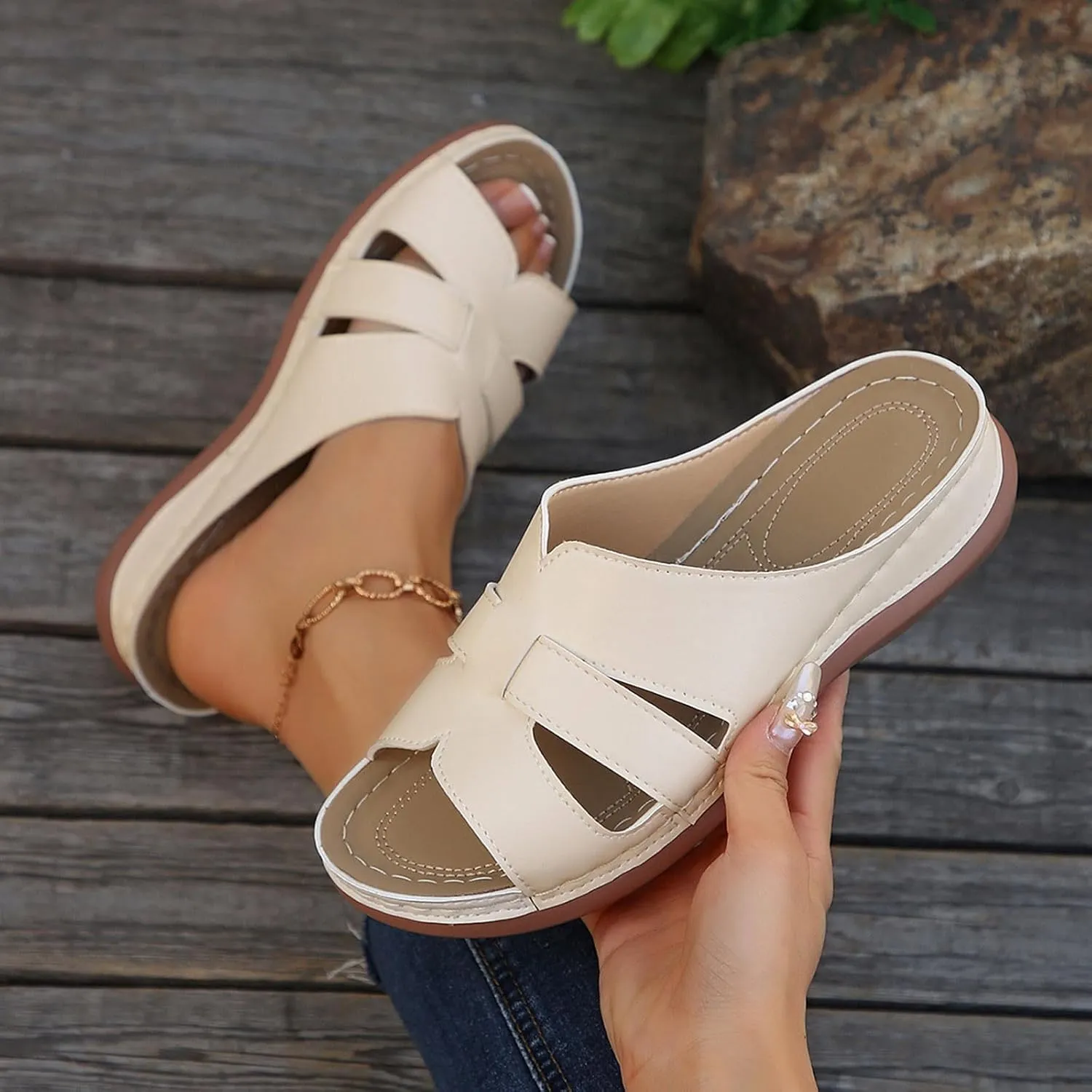 Women Summer Solid Slip On Casual Open Toe Wedges Comfortable Beach Shoes Sandals Flat Feet Arch Support Women Sandals