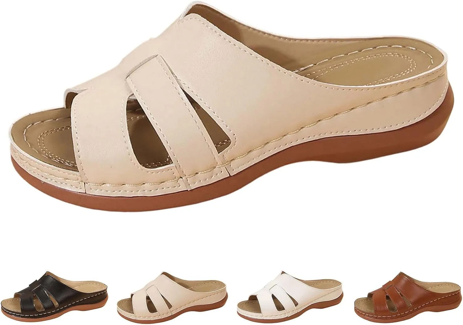 Women Summer Solid Slip On Casual Open Toe Wedges Comfortable Beach Shoes Sandals Flat Feet Arch Support Women Sandals