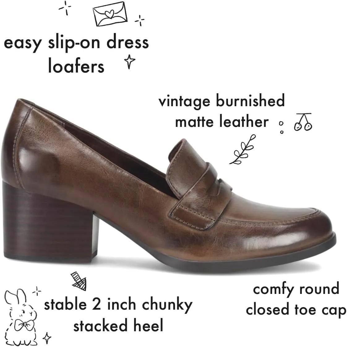 Women Vintage Chunky Stacked Heel Loafers Pumps Closed Round Toe Slip On Burnished Loafer 2 Inch Mid Block Heels Matte Leather Work Shoes Office Ladies Dressy Elegant Party Chic 4-11 M US