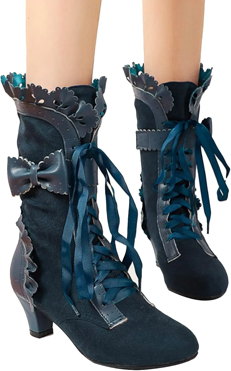 Women Vintage Victorian Boots Lace Up Mid Calf Boots Zipper Costume Renaissance Shoes Mid Heel Wedding Dress Boots