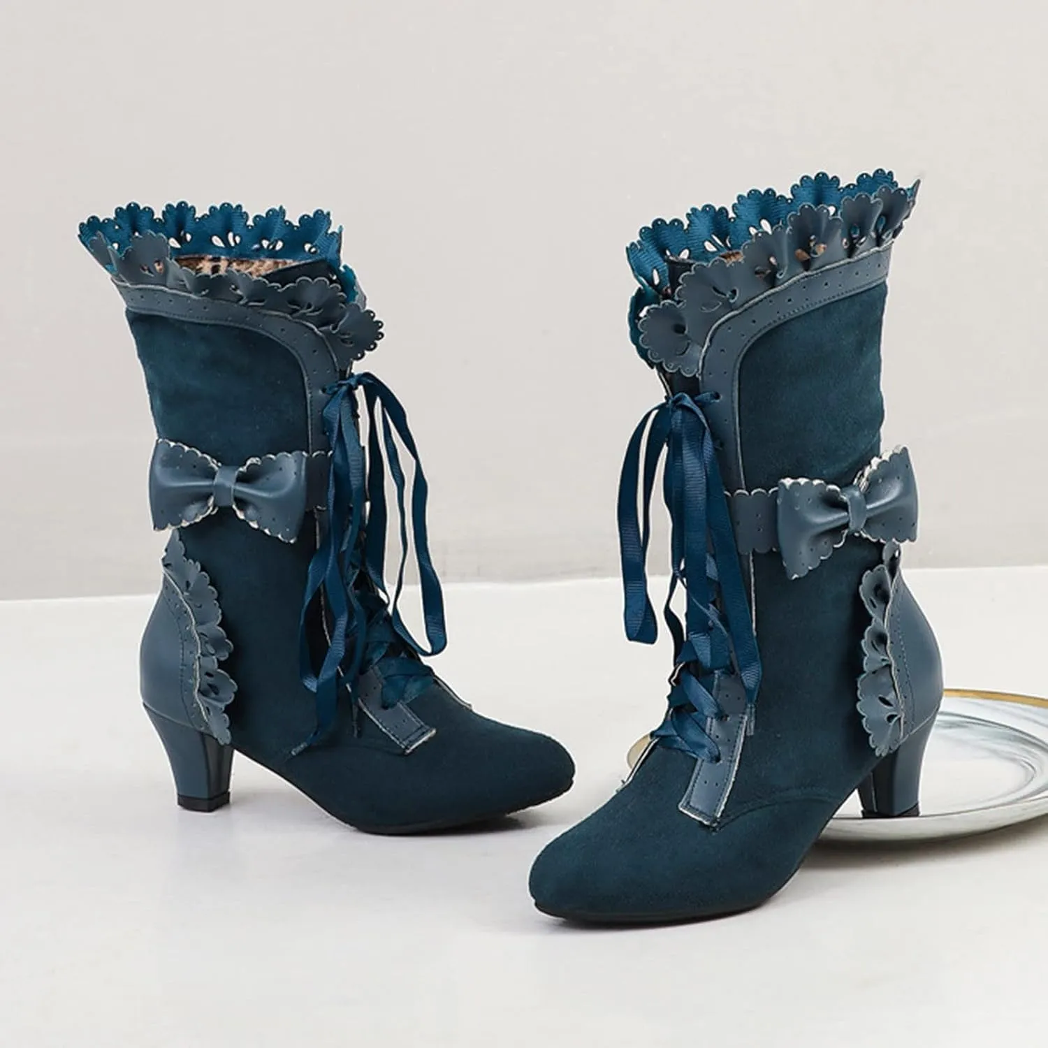 Women Vintage Victorian Boots Lace Up Mid Calf Boots Zipper Costume Renaissance Shoes Mid Heel Wedding Dress Boots
