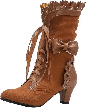 Women Vintage Victorian Boots Lace Up Mid Calf Boots Zipper Costume Renaissance Shoes Mid Heel Wedding Dress Boots