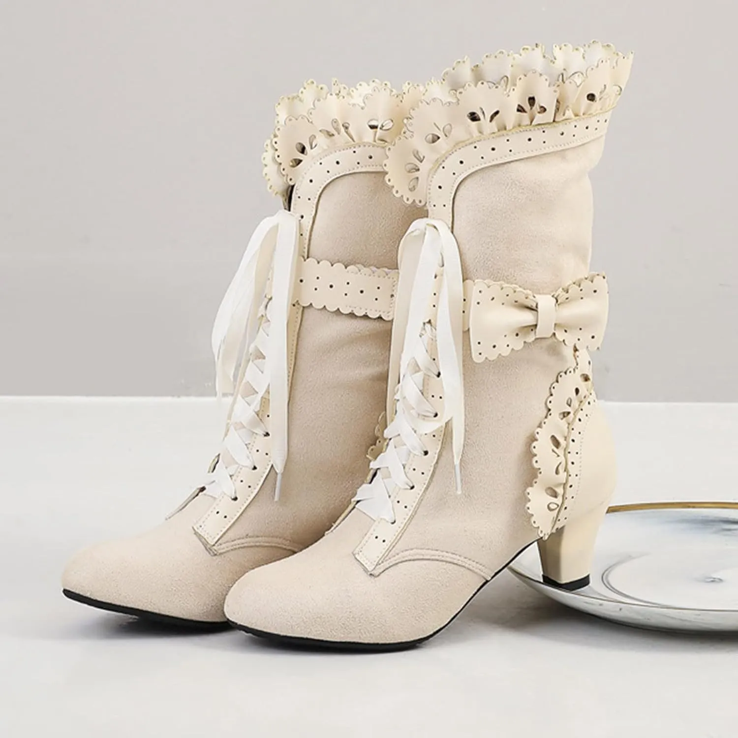 Women Vintage Victorian Boots Lace Up Mid Calf Boots Zipper Costume Renaissance Shoes Mid Heel Wedding Dress Boots