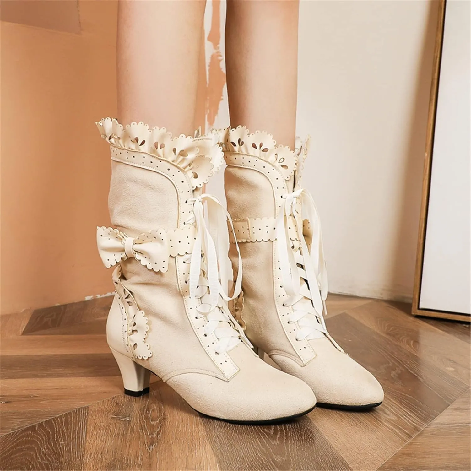 Women Vintage Victorian Boots Lace Up Mid Calf Boots Zipper Costume Renaissance Shoes Mid Heel Wedding Dress Boots