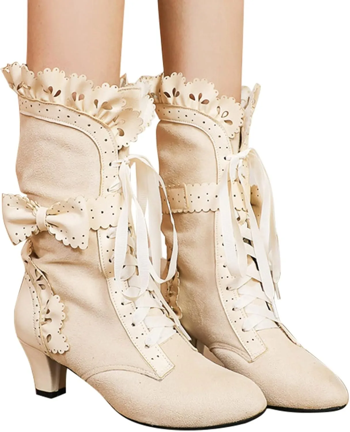 Women Vintage Victorian Boots Lace Up Mid Calf Boots Zipper Costume Renaissance Shoes Mid Heel Wedding Dress Boots
