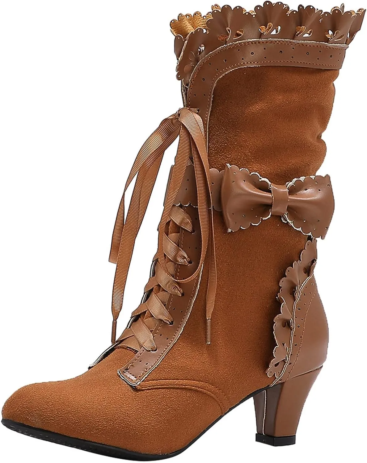 Women Vintage Victorian Boots Lace Up Mid Calf Boots Zipper Costume Renaissance Shoes Mid Heel Wedding Dress Boots