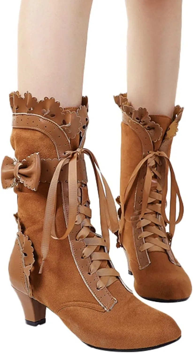Women Vintage Victorian Boots Lace Up Mid Calf Boots Zipper Costume Renaissance Shoes Mid Heel Wedding Dress Boots