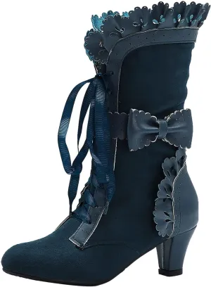 Women Vintage Victorian Boots Lace Up Mid Calf Boots Zipper Costume Renaissance Shoes Mid Heel Wedding Dress Boots
