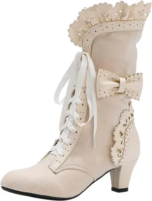 Women Vintage Victorian Boots Lace Up Mid Calf Boots Zipper Costume Renaissance Shoes Mid Heel Wedding Dress Boots