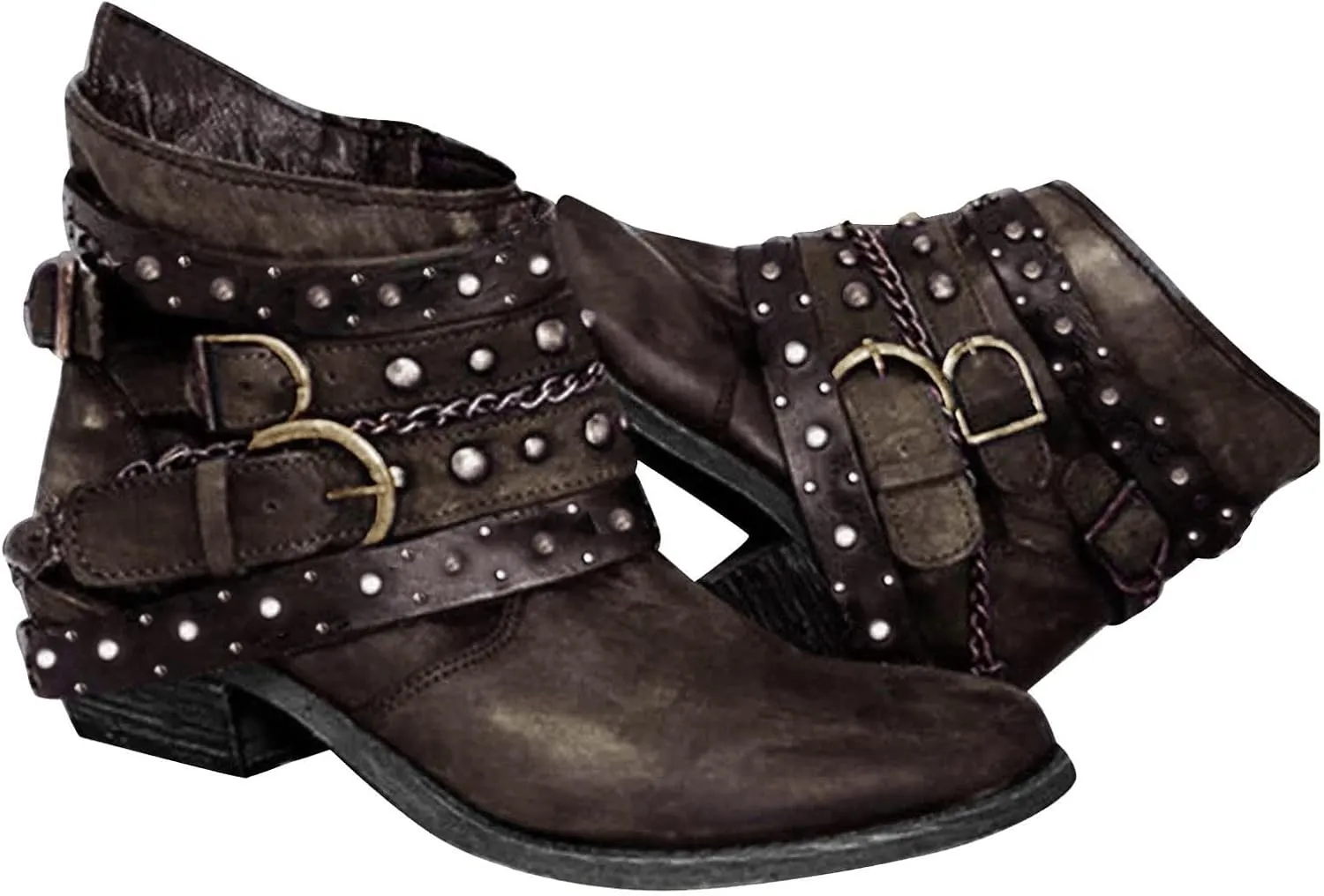 Women's Ankle Boots & Booties Wide Width,Punk Strap Trim Combat Boots Side Zipper Motorcycle Boots Goth Leather Boots