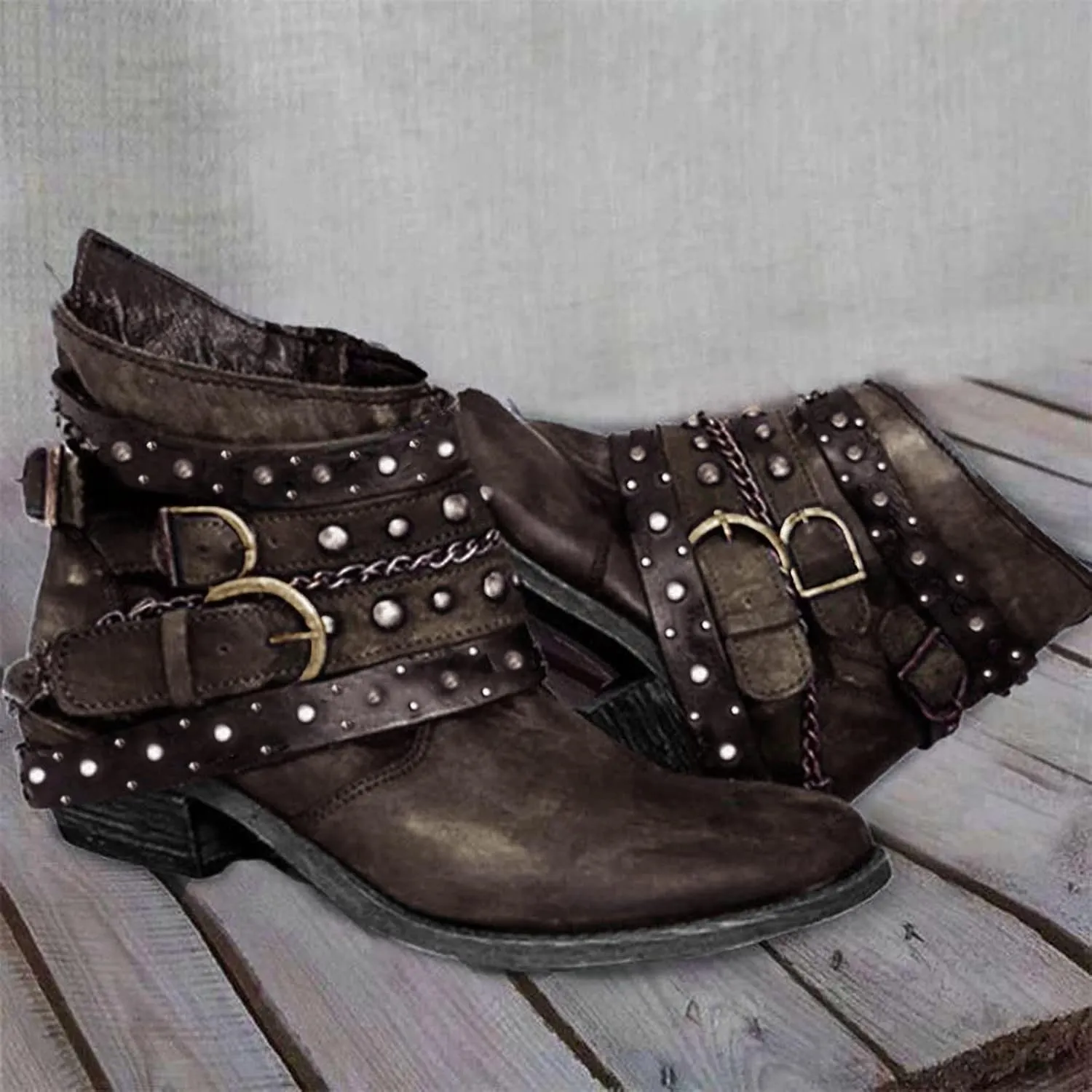 Women's Ankle Boots & Booties Wide Width,Punk Strap Trim Combat Boots Side Zipper Motorcycle Boots Goth Leather Boots