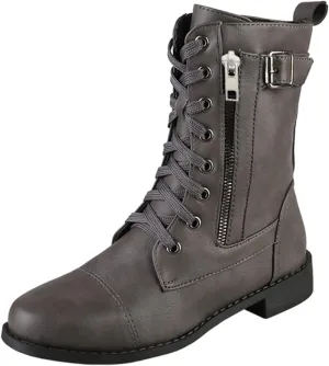 Womens Ankle Boots Low Heel,Gothic Lace Up Combat Boots Side Zipper Motorcycle Boots Comfy Leather Boots for Women