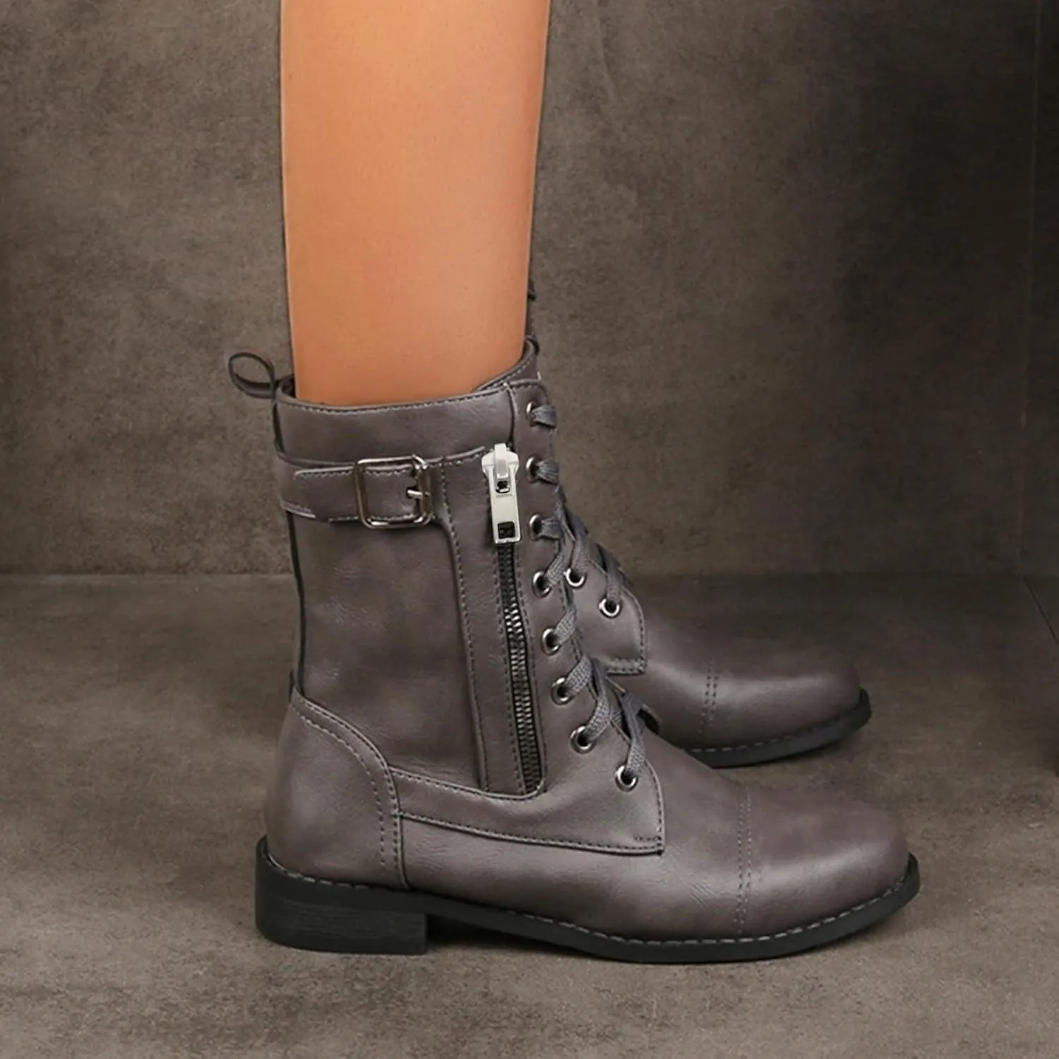 Womens Ankle Boots Low Heel,Gothic Lace Up Combat Boots Side Zipper Motorcycle Boots Comfy Leather Boots for Women