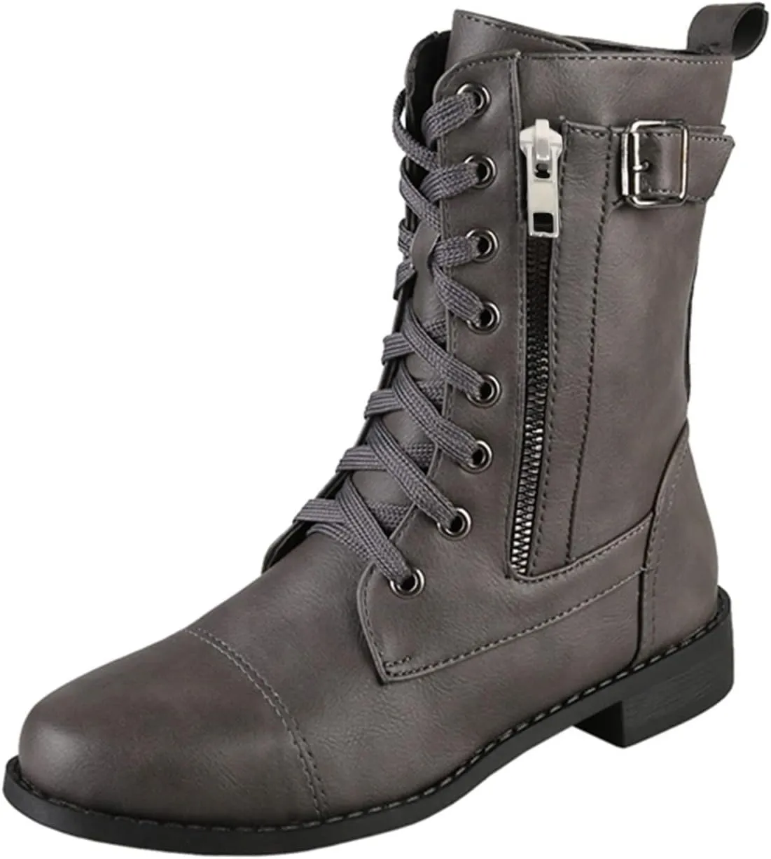 Womens Ankle Boots Low Heel,Gothic Lace Up Combat Boots Side Zipper Motorcycle Boots Comfy Leather Boots for Women