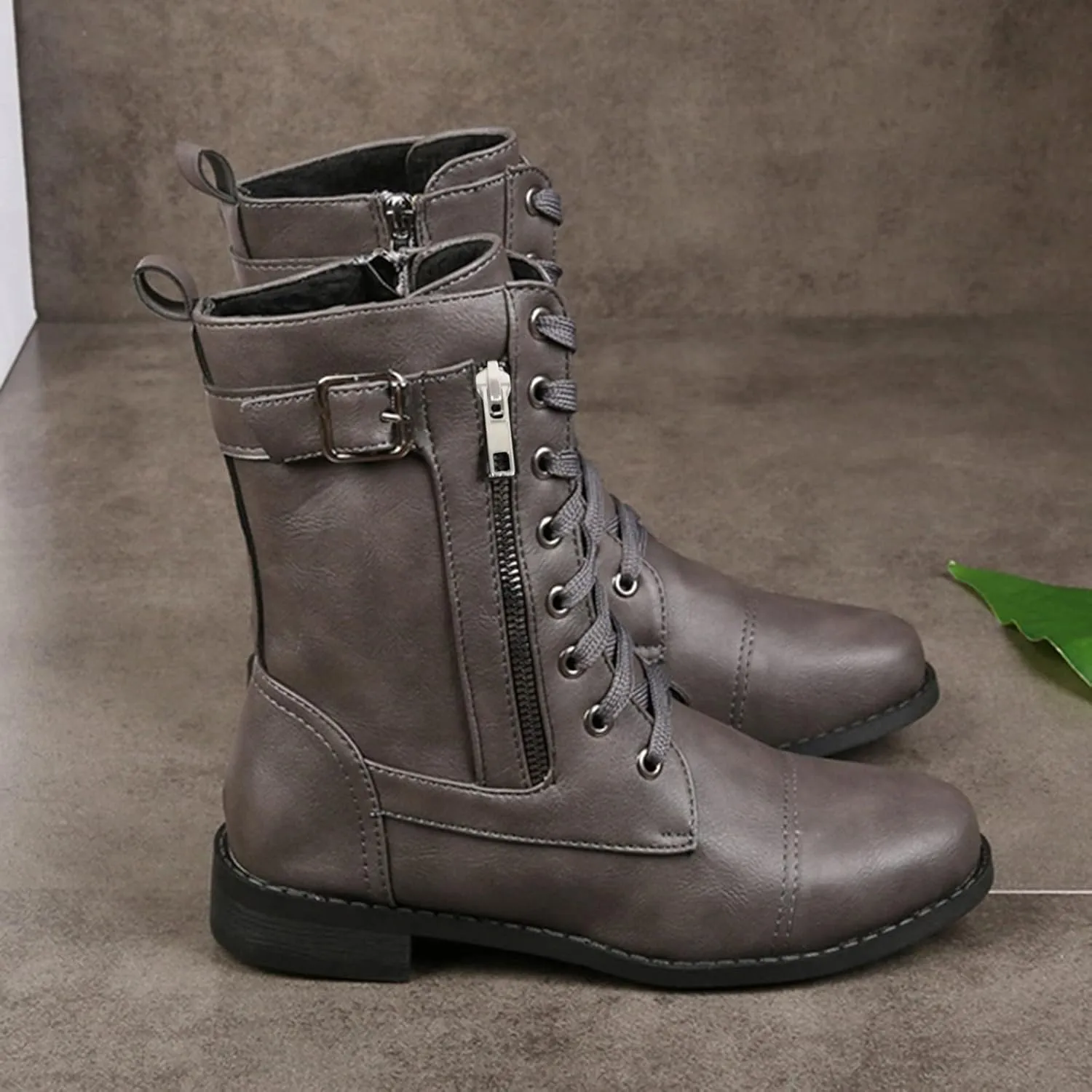 Womens Ankle Boots Low Heel,Gothic Lace Up Combat Boots Side Zipper Motorcycle Boots Comfy Leather Boots for Women